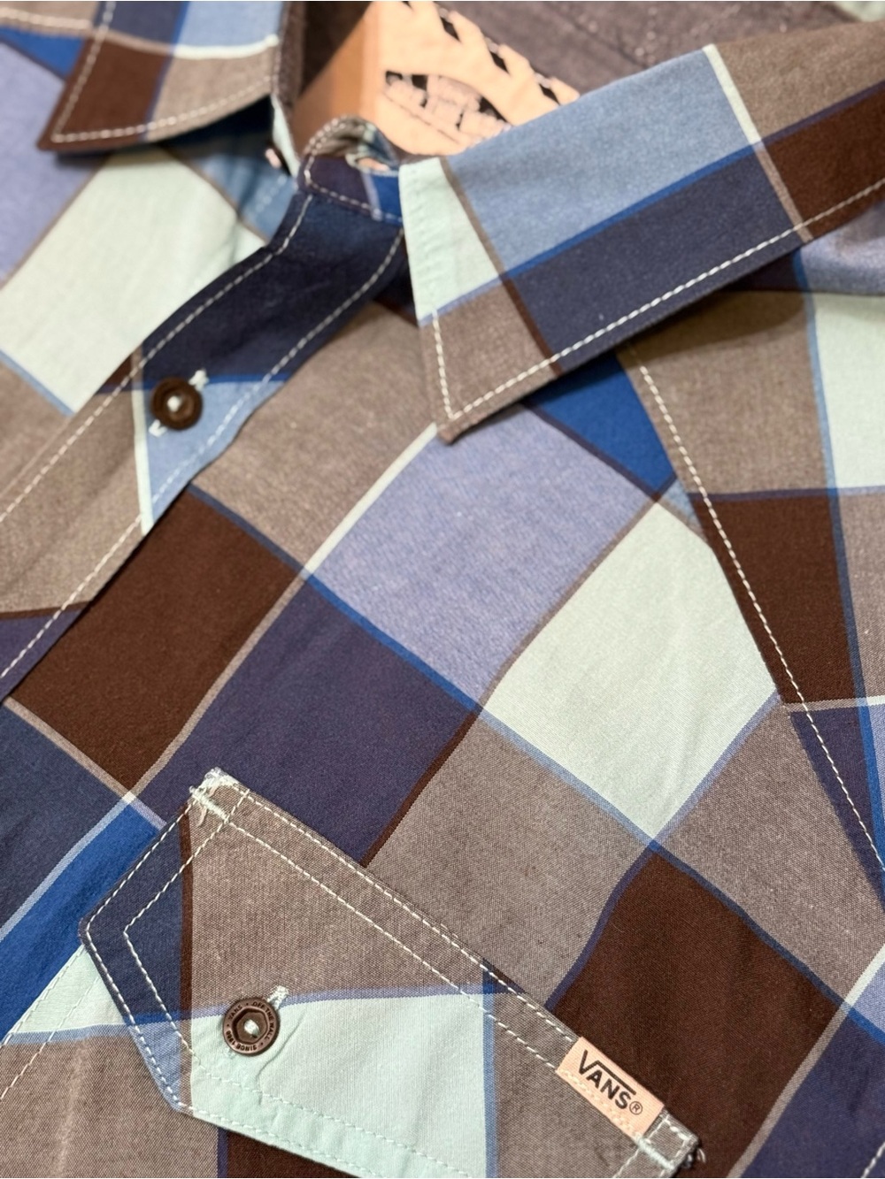 Vans Off The Wall Plaid Shirt L Blue Y2K Skate Western Short Sleeve